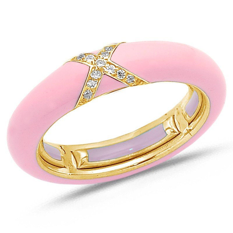 Ring in Pink Enamel  Yellow Gold and Diamonds