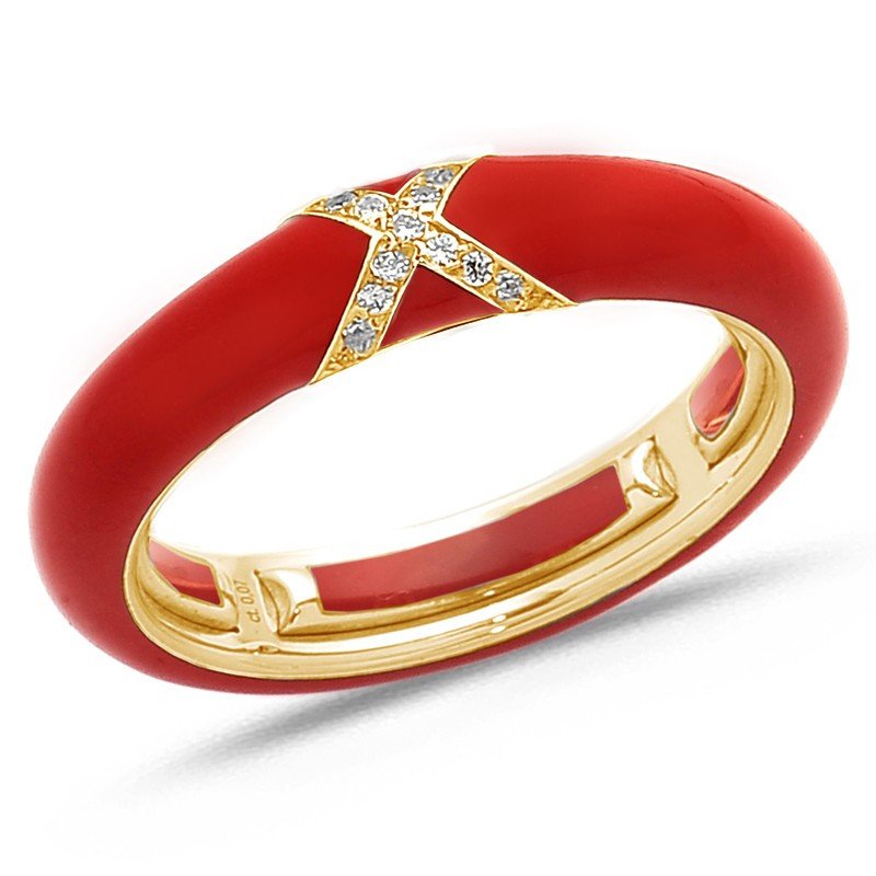 Ring in Red Enamel  Yellow Gold and Diamonds