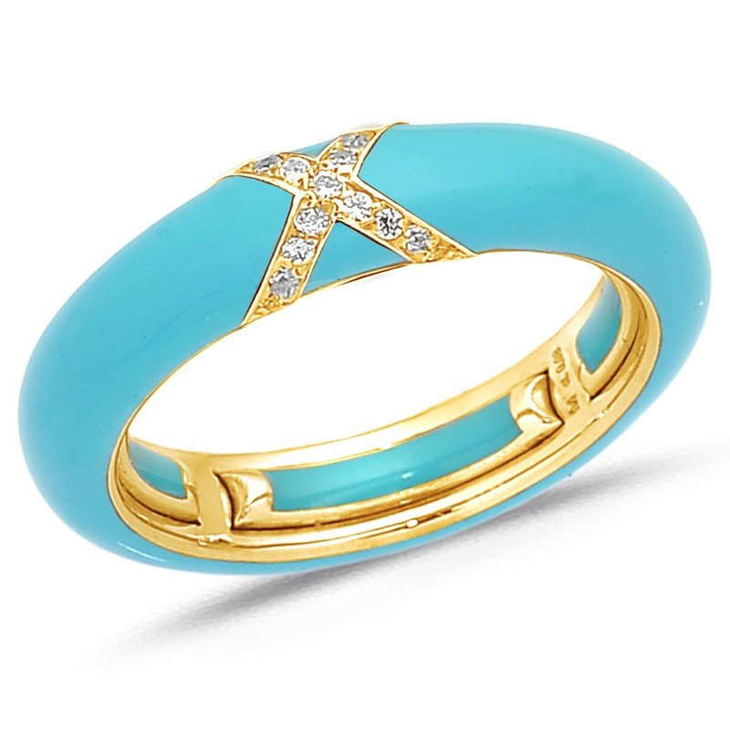 Ring in Turquoise Enamel  Yellow Gold and Diamonds