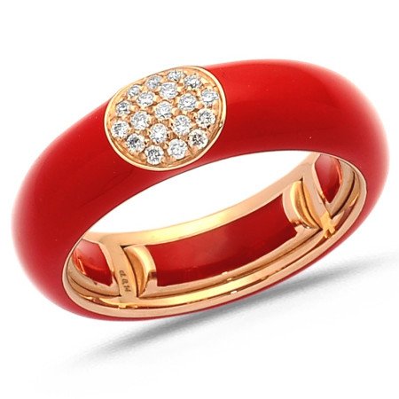 Anello in Smalto Rosso Oro Rose e Brillanti