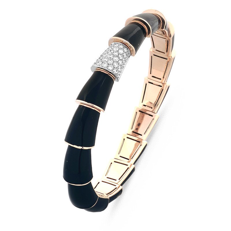 Serpenti Bangle Black Enamel ,White Diamonds Rose Gold