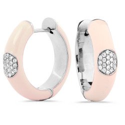 Orecchini a Cerchio Smalto Avorio Oro Bianco e Brillanti