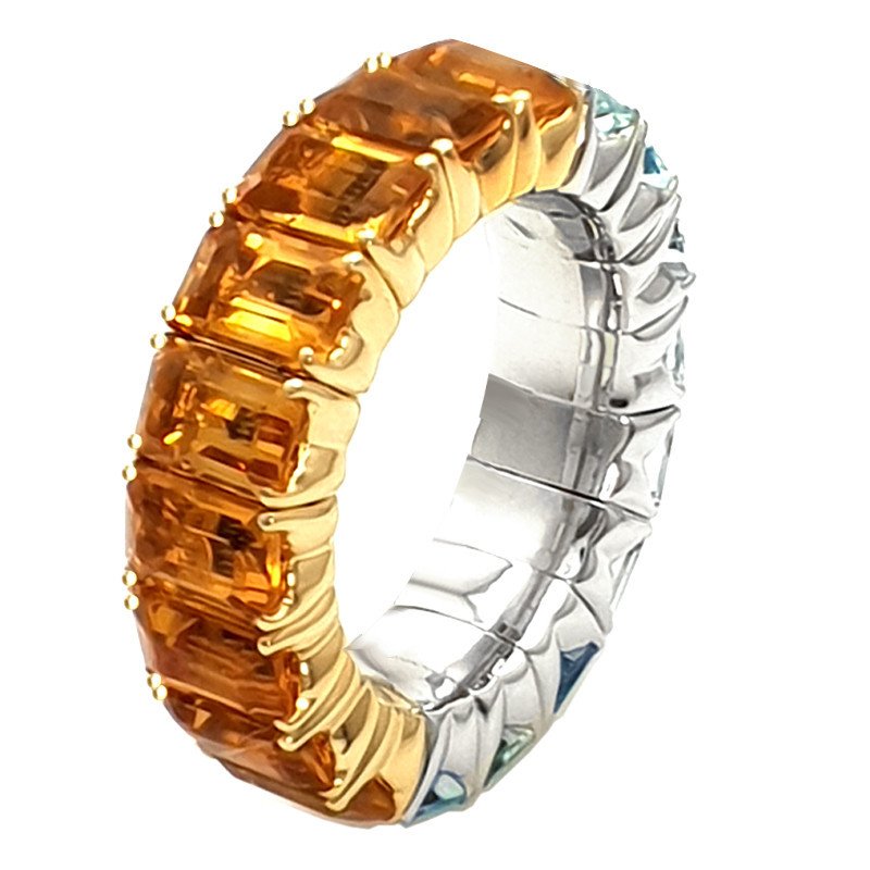 Eternity Ring Expandable Aquamarine and Citrine Emerald Cut White and Yellow Gold