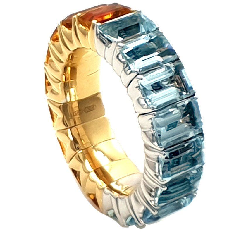 Eternity Ring Expandable Aquamarine and Citrine Emerald Cut white and Yellow Gold