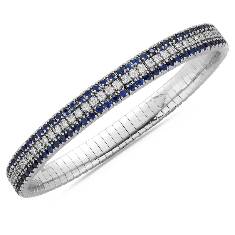 Expandable Tennis Bracelet Three Rows One Diamonds  Two Blue Sapphires  White Gold