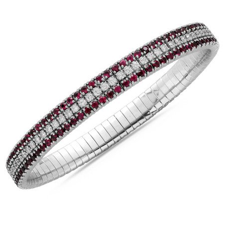 Bracciale Tennis Espandibile Brillanti Rubini Tre giri Oro Bianco Oro