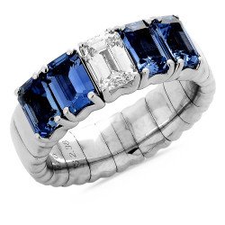 Extendable Ring Band Emerald Cut Diamond and Blue Ceylon Sapphires Emerald Cut White  Gold Rose Gold