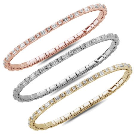 Tennis Expandable Baguette Diamond Bracelet White, Pink or Yellow Gold