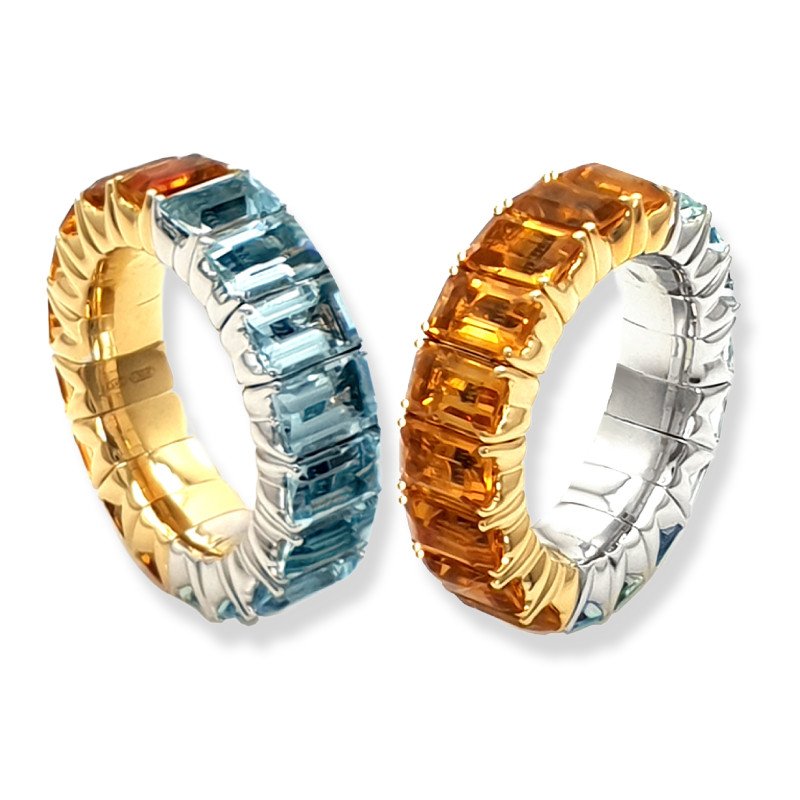 Anello Fede Eternity Espandibile Acquamarine e Citrini Taglio Smeraldo Oro Bianco e Giallo