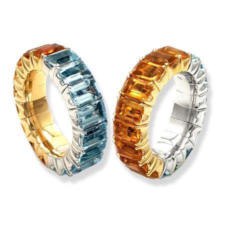 Anello Fede Eternity Espandibile Acquamarine e Citrini Taglio Smeraldo Oro Bianco e Giallo