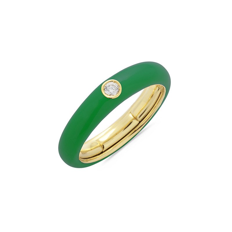 Green Enamel Ring  Yellow Gold and Single Diamond