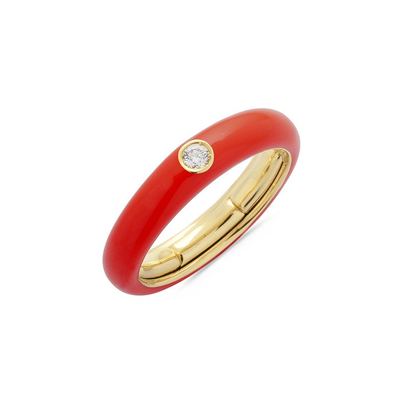 Red Enamel Ring  Yellow Gold and Single Diamond