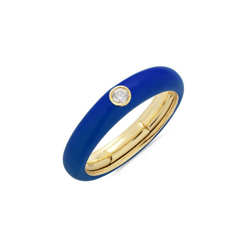 Blue Navy  Enamel Ring  Yellow Gold and Single Diamond