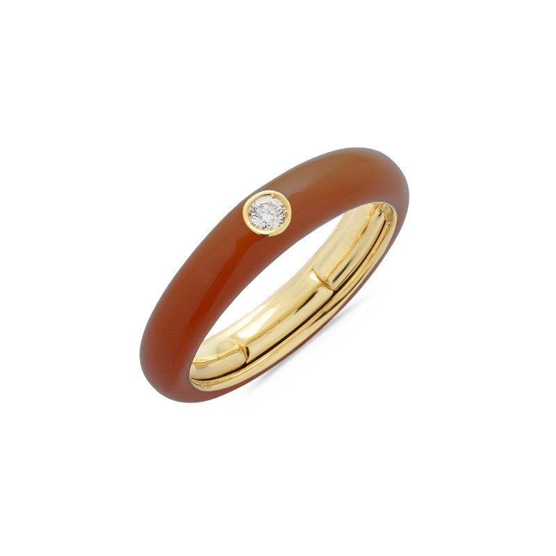 Brown  Enamel Ring  Yellow Gold and Single Diamond