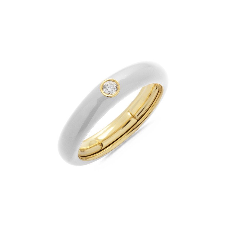 White Enamel Ring  Yellow Gold and Single Diamond