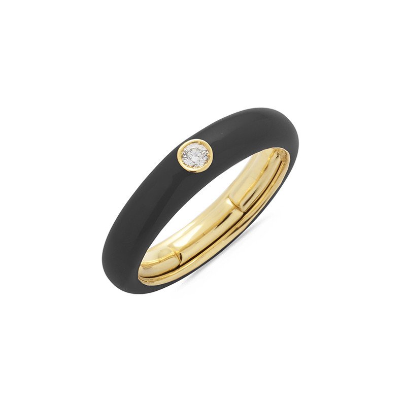 Black Enamel Ring  Yellow Gold and Single Diamond