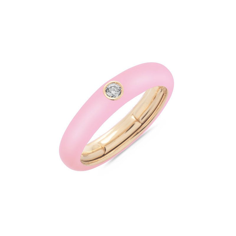 Pink  Enamel Ring  Pink Gold and Single Diamond