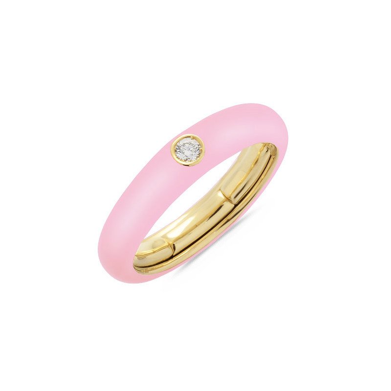 Pink  Enamel Ring  Yellow Gold and Single Diamond