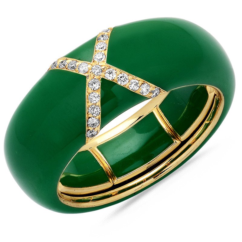 Ring Green Enamel, Yellow Gold and Diamonds