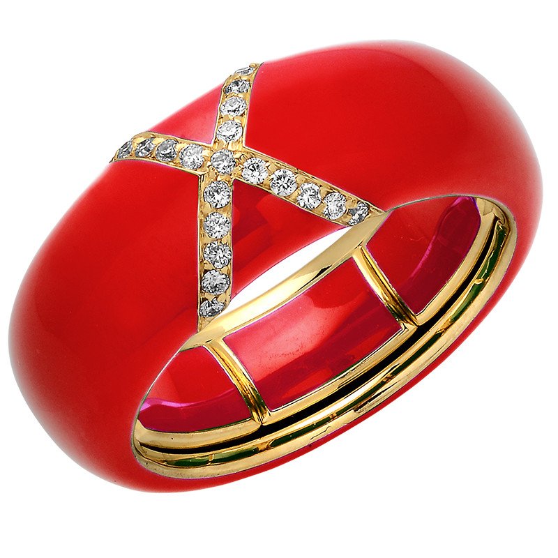 Red  Enamel Ring , Yellow Gold and Diamonds