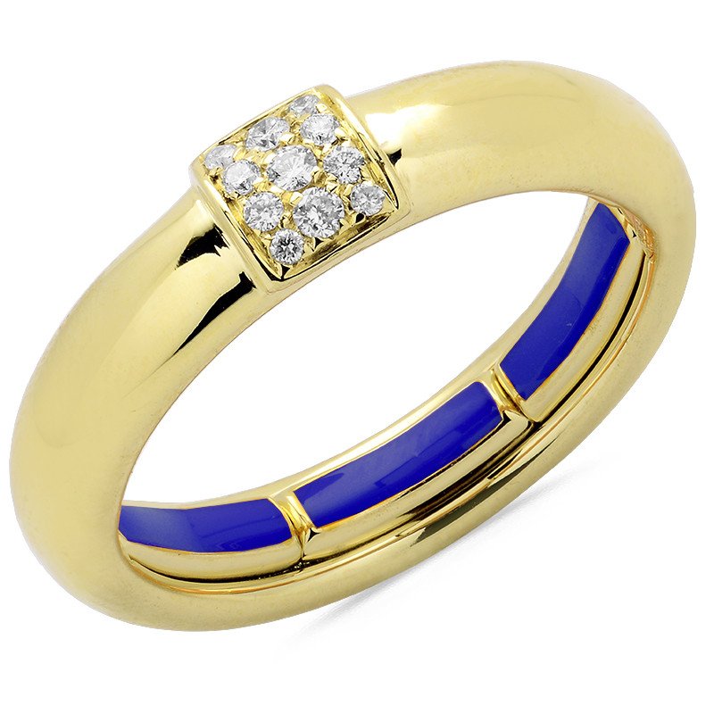 Autosize Wedding Band Yellow Gold and Diamonds Navy Blue Enamel