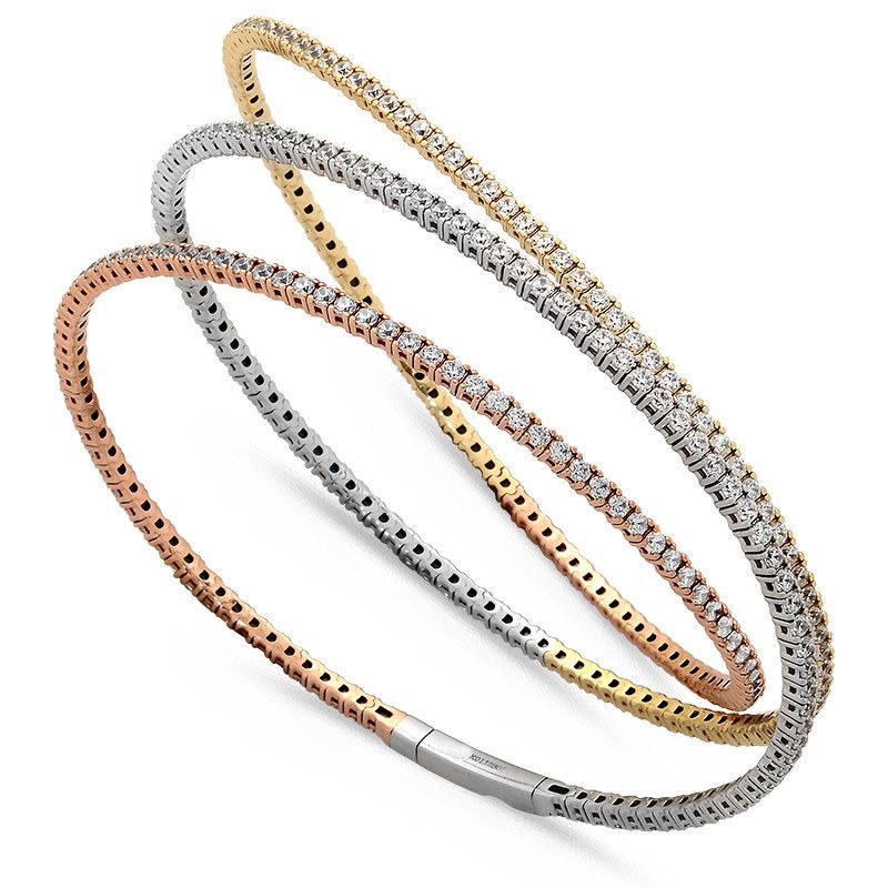 Avvolgente Bracciale in Tre Colori Oro e Brillanti | Tre Giri di Brillanti con Chiusura